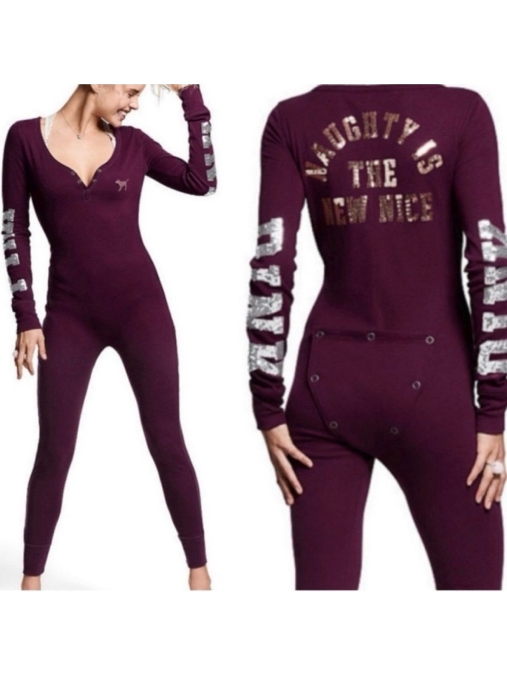 Victoria's Secret PINK Naughty Is The New Nice Bling One Piece Thermal Pajamas L